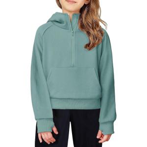Arshiner Girls Half Zip Sweatshirt Fleece Hooded Pullover for Teen Long Sleeve Tops Fall Winter Clothes Thumb Hole(Light Green)