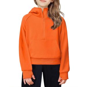 Arshiner Girls Half Zip Sweatshirt Fleece Hooded Pullover for Teen Long Sleeve Tops Fall Winter Clothes Thumb Hole(Orange)