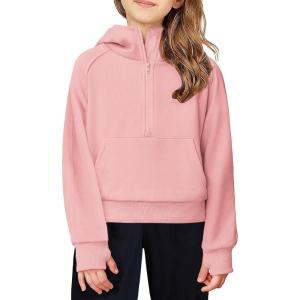 Arshiner Girls Half Zip Sweatshirt Fleece Hooded Pullover for Teen Long Sleeve Tops Fall Winter Clothes Thumb Hole(Orange Pink)