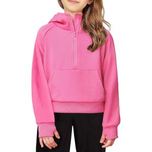 Arshiner Girls Half Zip Sweatshirt Fleece Hooded Pullover for Teen Long Sleeve Tops Fall Winter Clothes Thumb Hole(Pink)