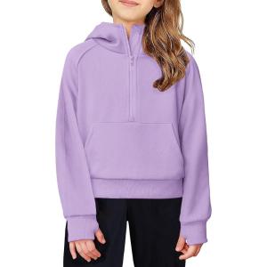 Arshiner Girls Half Zip Sweatshirt Fleece Hooded Pullover for Teen Long Sleeve Tops Fall Winter Clothes Thumb Hole(Purple)