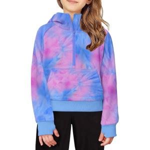 Arshiner Girls Half Zip Sweatshirt Fleece Hooded Pullover for Teen Long Sleeve Tops Fall Winter Clothes Thumb Hole(Purple Blue Tie Dye)