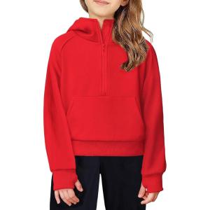 Arshiner Girls Half Zip Sweatshirt Fleece Hooded Pullover for Teen Long Sleeve Tops Fall Winter Clothes Thumb Hole(Red)