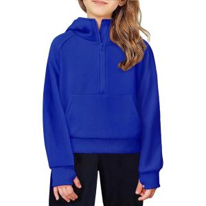 Arshiner Girls Half Zip Sweatshirt Fleece Hooded Pullover for Teen Long Sleeve Tops Fall Winter Clothes Thumb Hole(Royal Blue)