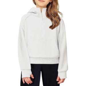 Arshiner Girls Half Zip Sweatshirt Fleece Hooded Pullover for Teen Long Sleeve Tops Fall Winter Clothes Thumb Hole(White)