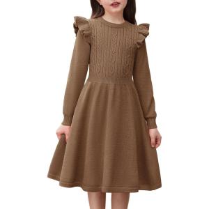 Arshiner Girls Sweater Dress Fall Winter Lantern Long Sleeve Cable Knit Pullover Midi Dresses(Caramel)