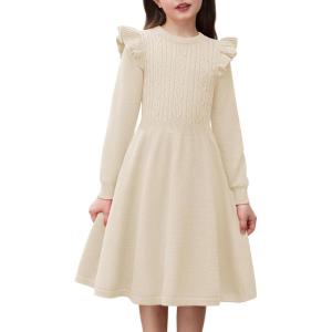 Arshiner Girls Sweater Dress Fall Winter Lantern Long Sleeve Cable Knit Pullover Midi Dresses(Cream)