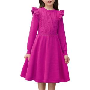 Arshiner Girls Sweater Dress Fall Winter Lantern Long Sleeve Cable Knit Pullover Midi Dresses(Hot Pink)
