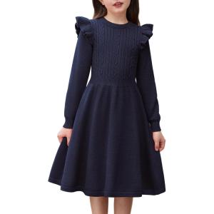 Arshiner Girls Sweater Dress Fall Winter Lantern Long Sleeve Cable Knit Pullover Midi Dresses(Navy)