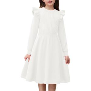 Arshiner Girls Sweater Dress Fall Winter Lantern Long Sleeve Cable Knit Pullover Midi Dresses(White)