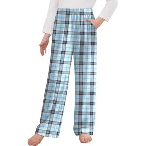 Arshiner Pajama Pants for Girls Long Sleep Plaid Pants Soft Lounge Pj Bottoms with Pockets(Light Blue Plaid)