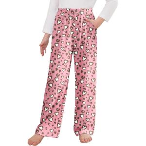 Arshiner Pajama Pants for Girls Long Sleep Plaid Pants Soft Lounge Pj Bottoms with Pockets(Pink Heart Leopard)