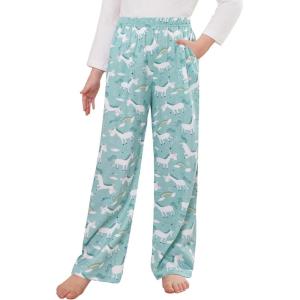 Arshiner Pajama Pants for Girls Long Sleep Plaid Pants Soft Lounge Pj Bottoms with Pockets(Rainbow Unicorn-light Blue White)
