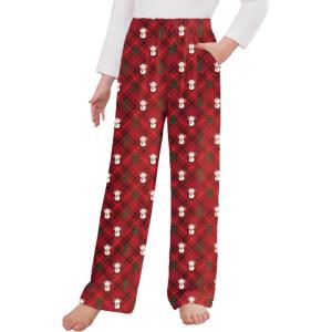 Arshiner Pajama Pants for Girls Long Sleep Plaid Pants Soft Lounge Pj Bottoms with Pockets(Red Teddy Christmas)