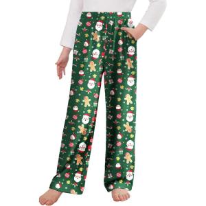 Arshiner Pajama Pants for Girls Long Sleep Plaid Pants Soft Lounge Pj Bottoms with Pockets(Santa Claus-green)