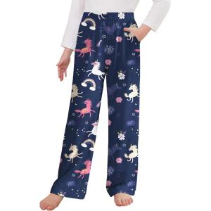 Arshiner Pajama Pants for Girls Long Sleep Plaid Pants Soft Lounge Pj Bottoms with Pockets(Unicon Rainbow-dark Purple)