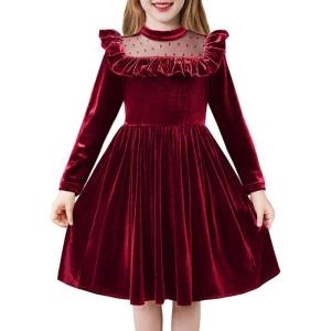 Arshiner Toddler Girls Christmas Dress Long Sleeve Velvet Dresses Princess Birthday Party Gown with Pockets 2-6 Years(Burgundy)