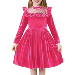 Arshiner Toddler Girls Christmas Dress Long Sleeve Velvet Dresses Princess Birthday Party Gown with Pockets 2-6 Years(Deep Pink)