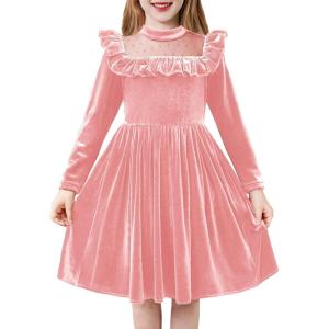 Arshiner Toddler Girls Christmas Dress Long Sleeve Velvet Dresses Princess Birthday Party Gown with Pockets 2-6 Years(Dusty Pink)