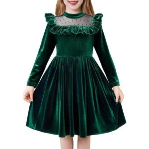 Arshiner Toddler Girls Christmas Dress Long Sleeve Velvet Dresses Princess Birthday Party Gown with Pockets 2-6 Years(Evergreen)