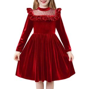 Arshiner Toddler Girls Christmas Dress Long Sleeve Velvet Dresses Princess Birthday Party Gown with Pockets 2-6 Years(Red)
