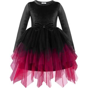 Arshiner Toddler Girls Fall Winter Velvet Dress Irregular Hem Tulle Long Sleeve Dresses Cute Bowknot Clothes(Black Red Gradient)