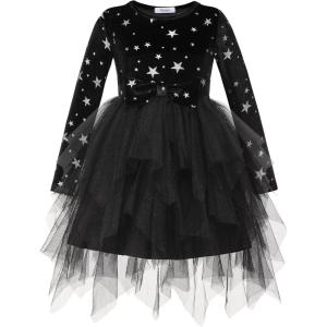 Arshiner Toddler Girls Fall Winter Velvet Dress Irregular Hem Tulle Long Sleeve Dresses Cute Bowknot Clothes(Black Star)