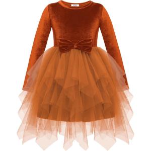 Arshiner Toddler Girls Fall Winter Velvet Dress Irregular Hem Tulle Long Sleeve Dresses Cute Bowknot Clothes(Brown)