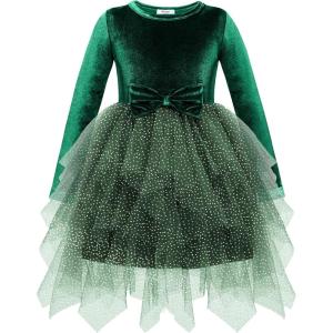 Arshiner Toddler Girls Fall Winter Velvet Dress Irregular Hem Tulle Long Sleeve Dresses Cute Bowknot Clothes(Dark Green)