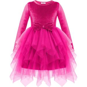 Arshiner Toddler Girls Fall Winter Velvet Dress Irregular Hem Tulle Long Sleeve Dresses Cute Bowknot Clothes(Hot Pink)