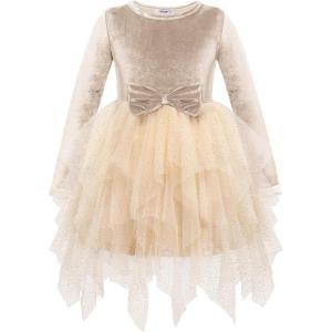 Arshiner Toddler Girls Fall Winter Velvet Dress Irregular Hem Tulle Long Sleeve Dresses Cute Bowknot Clothes(Light Apricot)