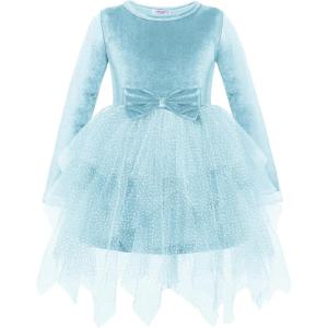Arshiner Toddler Girls Fall Winter Velvet Dress Irregular Hem Tulle Long Sleeve Dresses Cute Bowknot Clothes(Light Blue)
