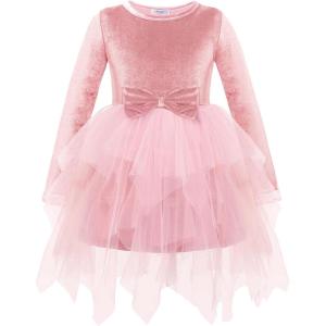Arshiner Toddler Girls Fall Winter Velvet Dress Irregular Hem Tulle Long Sleeve Dresses Cute Bowknot Clothes(Light Rose)