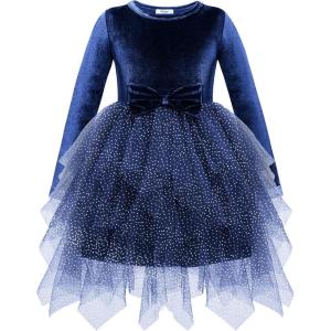 Arshiner Toddler Girls Fall Winter Velvet Dress Irregular Hem Tulle Long Sleeve Dresses Cute Bowknot Clothes(Navy Blue)