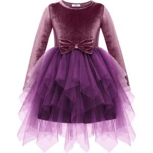 Arshiner Toddler Girls Fall Winter Velvet Dress Irregular Hem Tulle Long Sleeve Dresses Cute Bowknot Clothes(Pinkish Purple)