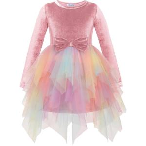 Arshiner Toddler Girls Fall Winter Velvet Dress Irregular Hem Tulle Long Sleeve Dresses Cute Bowknot Clothes(Rainbow Pink)