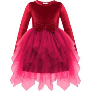 Arshiner Toddler Girls Fall Winter Velvet Dress Irregular Hem Tulle Long Sleeve Dresses Cute Bowknot Clothes(Red)