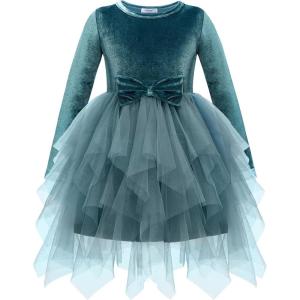 Arshiner Toddler Girls Fall Winter Velvet Dress Irregular Hem Tulle Long Sleeve Dresses Cute Bowknot Clothes(Teal)