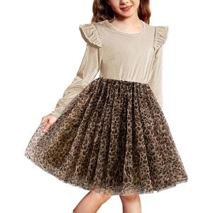 Arshiner Toddler Tutu Dresses Little Girls Velvet Tulle Fall Winter Long Sleeve Ruffle Holiday Party Dress 2-6Y(Brown Leopard)