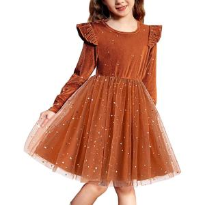Arshiner Toddler Tutu Dresses Little Girls Velvet Tulle Fall Winter Long Sleeve Ruffle Holiday Party Dress 2-6Y(Brown Sequin)