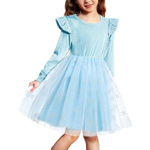 Arshiner Toddler Tutu Dresses Little Girls Velvet Tulle Fall Winter Long Sleeve Ruffle Holiday Party Dress 2-6Y(Light Blue)
