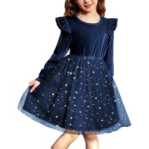 Arshiner Toddler Tutu Dresses Little Girls Velvet Tulle Fall Winter Long Sleeve Ruffle Holiday Party Dress 2-6Y(Navy)