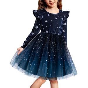 Arshiner Toddler Tutu Dresses Little Girls Velvet Tulle Fall Winter Long Sleeve Ruffle Holiday Party Dress 2-6Y(Navy Gradient)