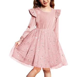 Arshiner Toddler Tutu Dresses Little Girls Velvet Tulle Fall Winter Long Sleeve Ruffle Holiday Party Dress 2-6Y(Pink)