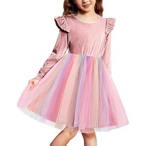 Arshiner Toddler Tutu Dresses Little Girls Velvet Tulle Fall Winter Long Sleeve Ruffle Holiday Party Dress 2-6Y(Pink Rainbow)