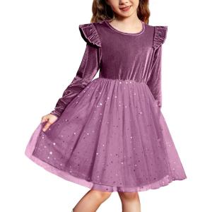 Arshiner Toddler Tutu Dresses Little Girls Velvet Tulle Fall Winter Long Sleeve Ruffle Holiday Party Dress 2-6Y(Purple)