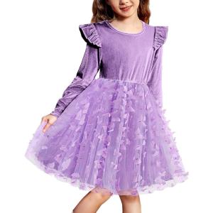 Arshiner Toddler Tutu Dresses Little Girls Velvet Tulle Fall Winter Long Sleeve Ruffle Holiday Party Dress 2-6Y(Purple Butterfly)