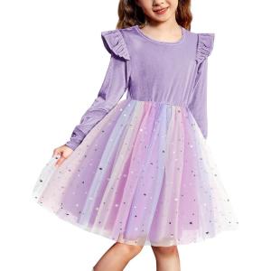 Arshiner Toddler Tutu Dresses Little Girls Velvet Tulle Fall Winter Long Sleeve Ruffle Holiday Party Dress 2-6Y(Purple Rainbow)