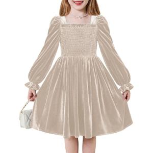 Arshiner Toddler Velvet Dress Girls Smocked Square Neck Puff Long Sleeve Party Dresses with Pockets 3-8Y(Champagne)
