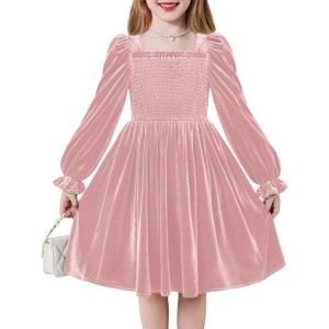 Arshiner Toddler Velvet Dress Girls Smocked Square Neck Puff Long Sleeve Party Dresses with Pockets 3-8Y(Pink)